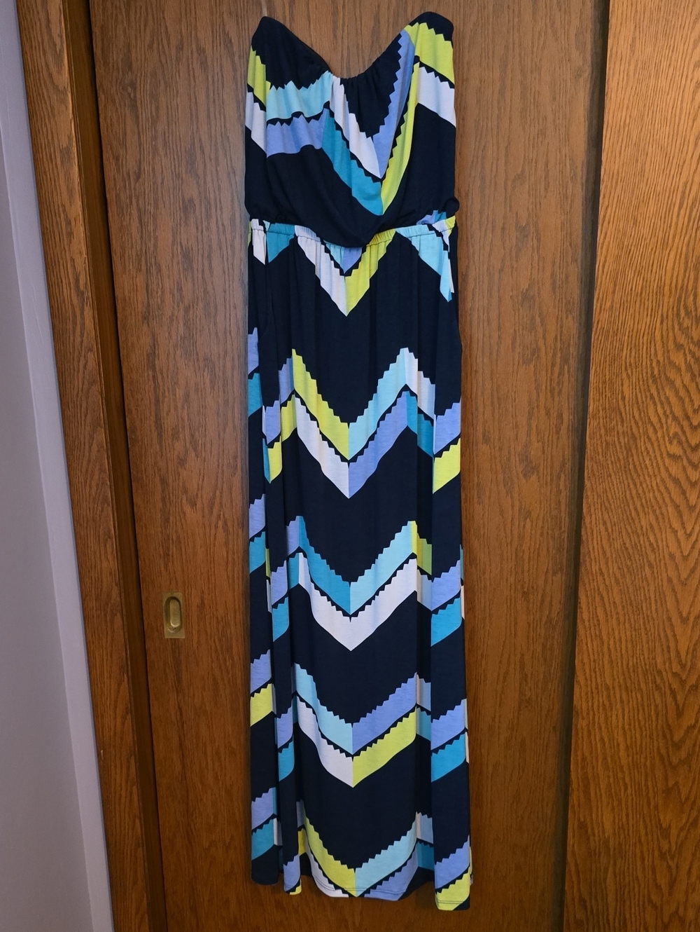 Trixxi Navy Maxi Dress with Blue, Lime and White Chevron